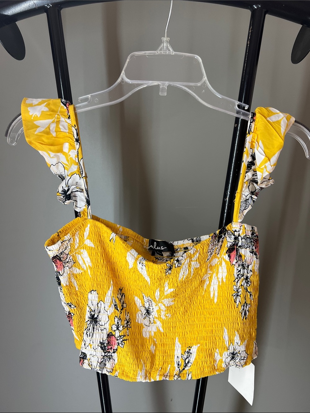 Lulu's Yellow Floral Smocked Crop Top with Ruffle Straps